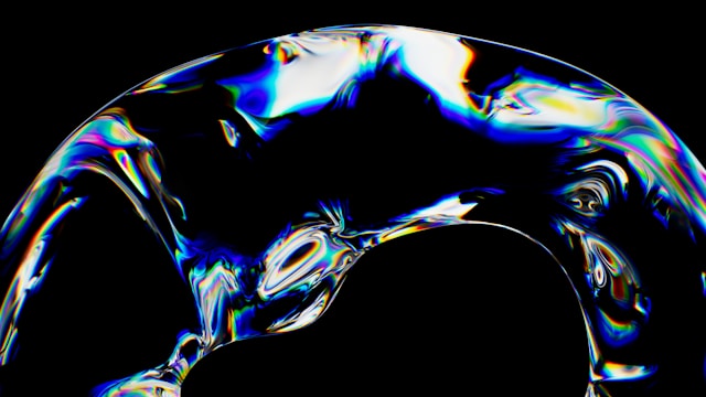 A 3D illustration of a dynamic wave composed of iridescent colors