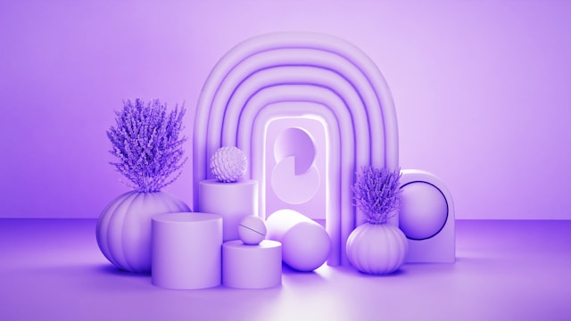 A 3D illustration of geometric shapes and organic elements in a monochromatic color scheme