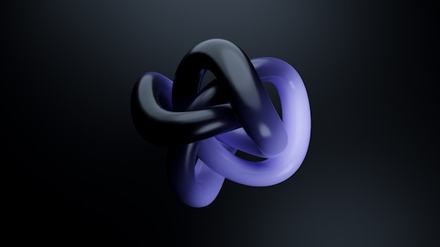 A digital rendering of an abstract knot composed of purple and black shapes