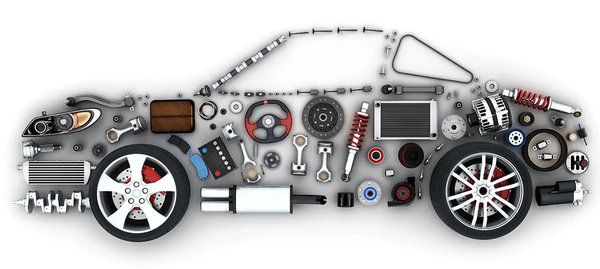 Силует автомобіля, сформований із різноманітних автомобільних запчастин, таких як колеса, амортизатори, гальмівні диски та інші деталі.